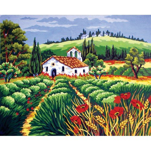 Cañamazo estampado - Iglesia en el campo de amapolas