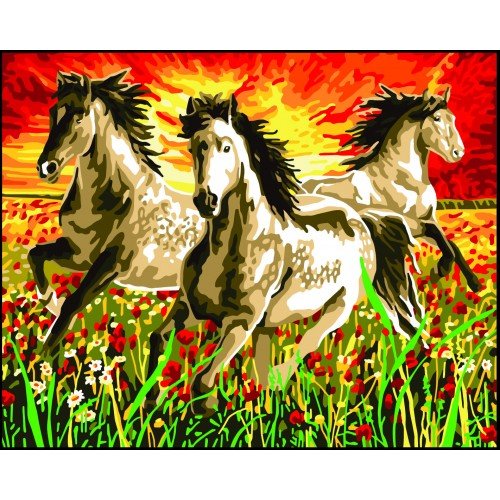 Cañamazo estampado - Caballos al atardecer
