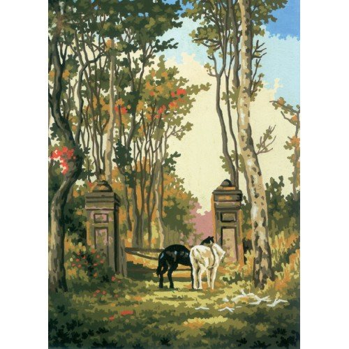 Cañamazo estampado - Caballos junto a la Puerta de Piedra