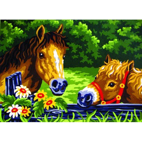 Cañamazo estampado - Ponis en la valla