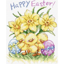 LetiStitch - Three Chicks with Daffodils and Egg