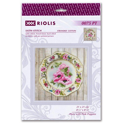 Riolis - Plate with Pink Poppies. Satin Stitch